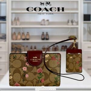 Coach Signature Wildflower Khaki Brown Monogram Floral Wallet & Lanyard ID Set